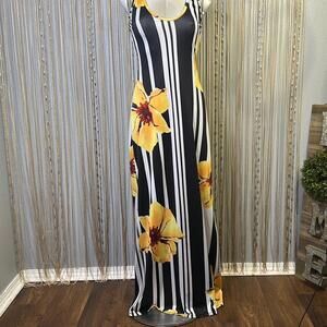 Sleeveless Maxi Dress with Yellow Floral and Black White Stripes